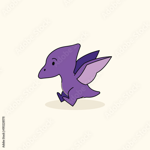 Adorable purple pteranodon flying dinosaur character in flat cartoon style, isolated vector for children's books, nursery wall art, and prehistoric patterns