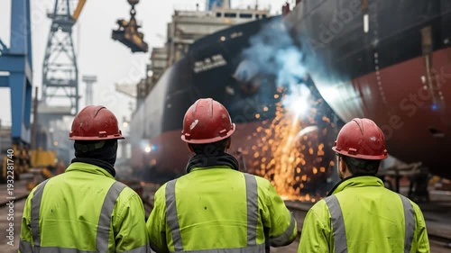 Professional maritime maintenance crew in safety gear inspecting a large vessel at a shipyard