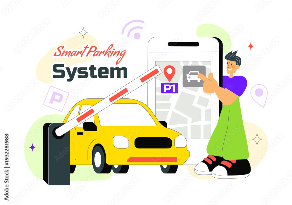 Naklejka premium Smart Parking System Technology Vector Illustration Featuring Urban Infrastructure with IoT Connectivity and Modern Transportation in Flat Background