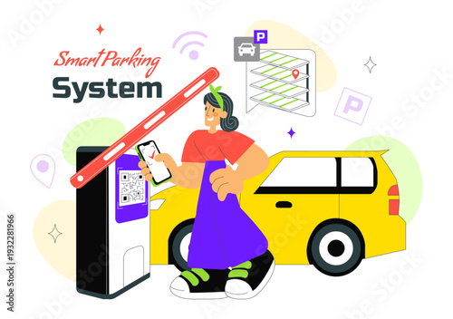 Smart Parking System Technology Vector Illustration Featuring Urban Infrastructure with IoT Connectivity and Modern Transportation in Flat Background