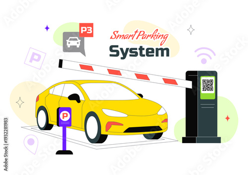 Smart Parking System Technology Vector Illustration Featuring Urban Infrastructure with IoT Connectivity and Modern Transportation in Flat Background