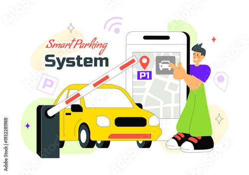 Smart Parking System Technology Vector Illustration Featuring Urban Infrastructure with IoT Connectivity and Modern Transportation in Flat Background