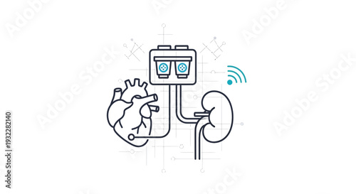Medical Device Icon: Heart and Kidney Connection with Wireless Technology