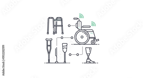Medical Mobility Aids: Wheelchair, Walker, Crutches, Prosthetics, Icon Set