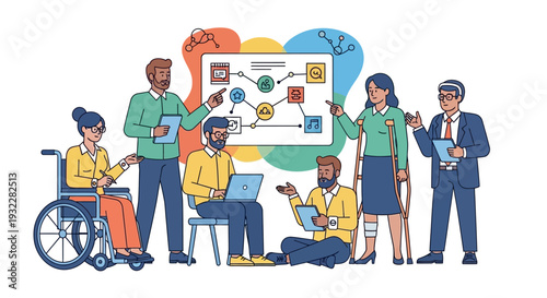 Diverse team collaborating on project with flowchart presentation