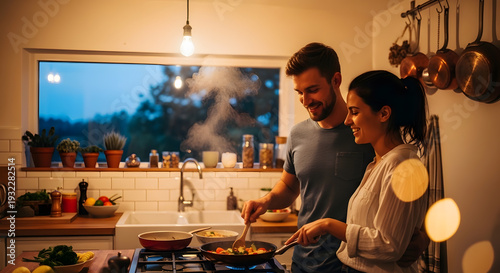 Man and woman smiling and frying food in a pan while sharing an intimate moment in the evening