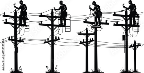Vector Illustration Set of Utility Lineman Silhouettes Repairing High Voltage Power Lines on Electrical Poles Representing Infrastructure Maintenance Energy Grid Services and Industrial Work Safety