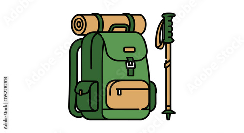 Green hiking backpack with trekking poles and rolled up sleeping mat.