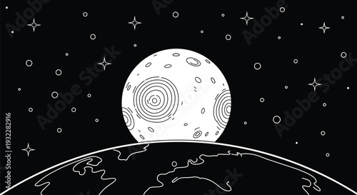 Striking black and white minimalist illustration depicting the full moon rising dramatically above the curvature of planet earth