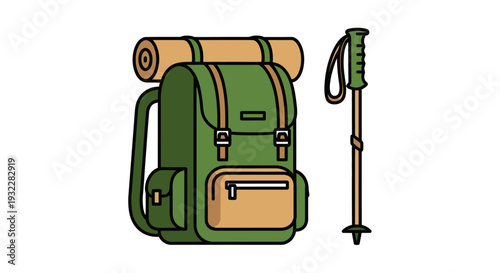 Green hiking backpack with rolled sleeping bag and trekking pole.