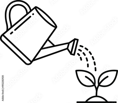 Simple line icon illustrates the careful act of watering a small sprouting plant with a tilted watering can