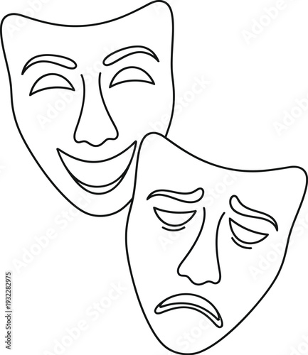 Continuous line drawing of comedy and tragedy masks depicting the duality of human emotions and theatrical performance art.