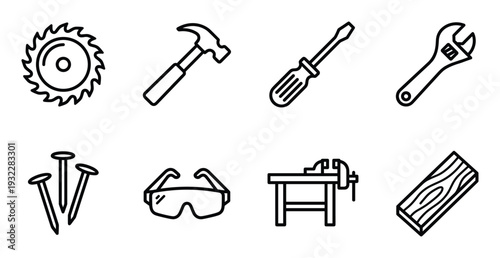 Carpentry icons representing variety of tools and equipment used in woodworking projects