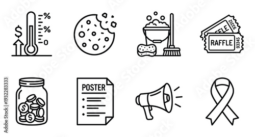 Charity fundraising and donation money collection fundraising line art icons set vector