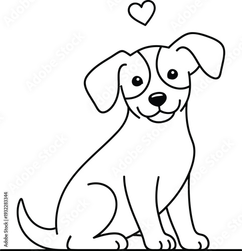 Delightful minimalist line art illustration featuring a happy sitting puppy with a small heart, symbolizing love and companionship for pet owners.