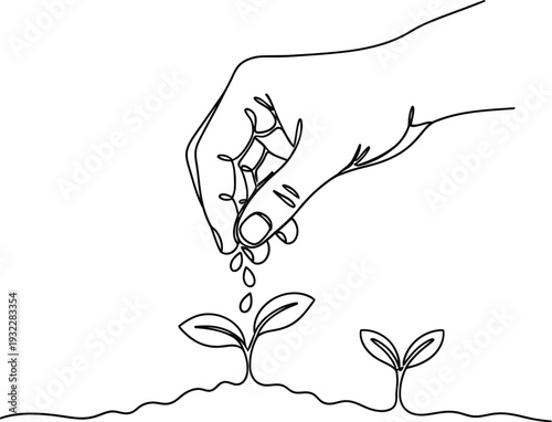 Minimalist continuous line drawing illustrates a hand carefully watering small seedlings emerging from the rich earth below