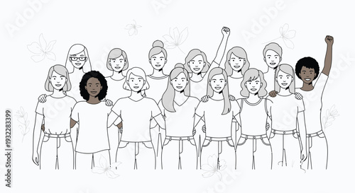 Diverse women stand together smiling, depicting unity, empowerment, and the collective strength of females advocating for equality and rights.