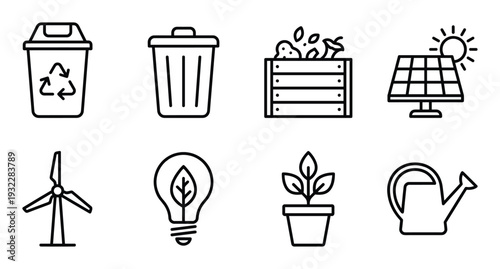 Ecology and renewable energy thin line icon set with recycling bin wind turbine and solar panel units
