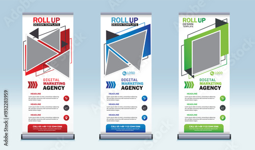Professional Roll-Up Banner Templates (pull-up banners) featuring modern geometric layouts