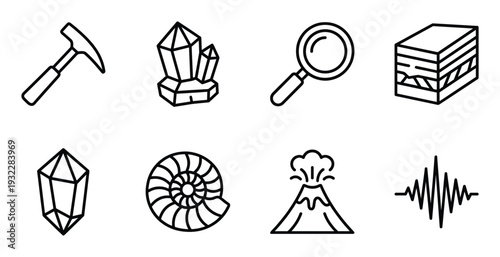 Geology mineralogy collection contains hammer crystals magnifier sediment fossil volcano seismograph