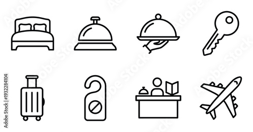 Hotel service icon set with bed bell food key luggage door hanger reception desk and airplane plane