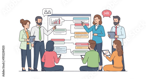 Diverse team collaborating on project with flowchart and digital devices