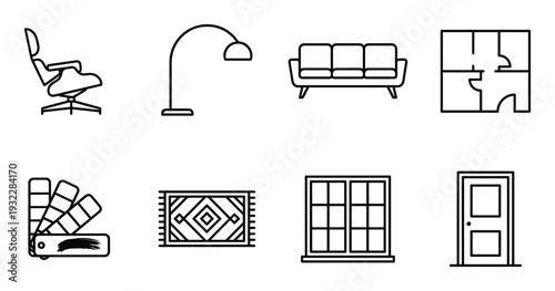 Interior design icons set with modern furniture lighting floor plans and decorative home elements