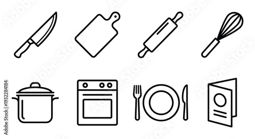 Kitchen utensils icon set including chef knife cutting board rolling pin whisk and cooking pot tool