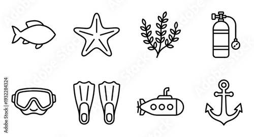 Marine life icon set including fish starfish seaweed oxygen tank diving mask fins submarine anchor