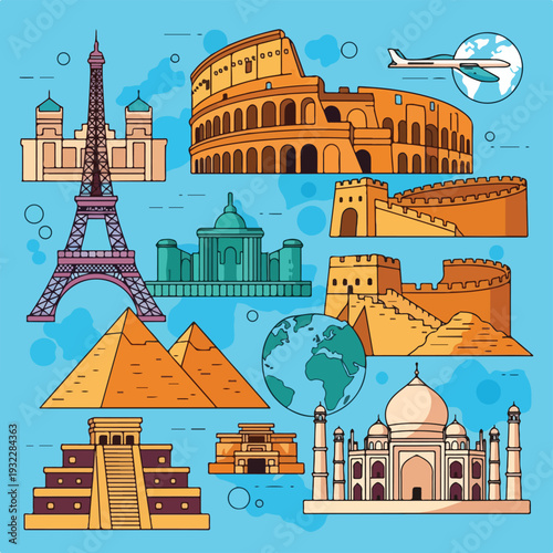 Colorful travel graphic featuring various landmarks and a world globe