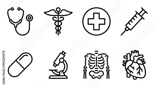 Medical healthcare icon set showing stethoscope caduceus cross syringe pill microscope skeleton heart