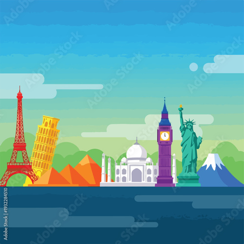 Colorful travel illustration depicting landmarks on a horizon