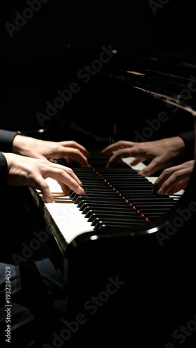 Professional male pianist hands playing grand piano in dark concert hall for classical recital