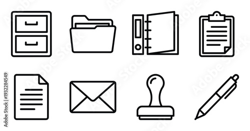 Office supplies stationery vector linear sign icon set for business information management design set