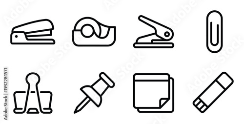 Office supplies stationery vector linear sign icon set for paper work and business design elements set