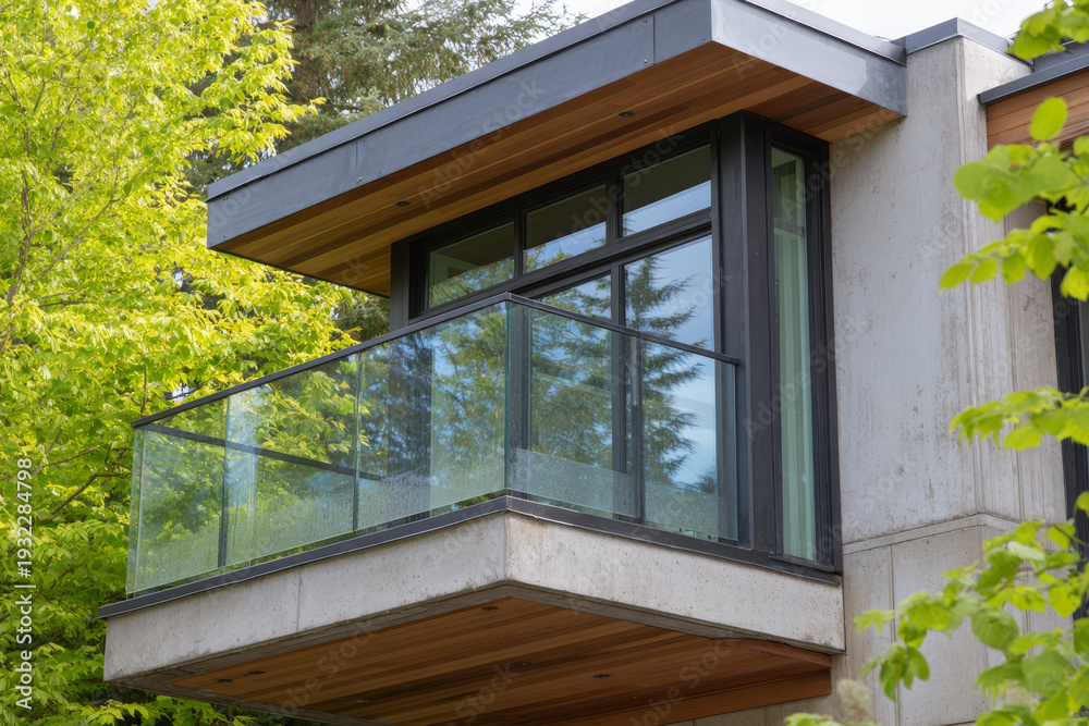 Naklejka premium Modern balcony contemporary architecture glass railing concrete wall wood ceiling large window green tree residential house exterior outdoor space
