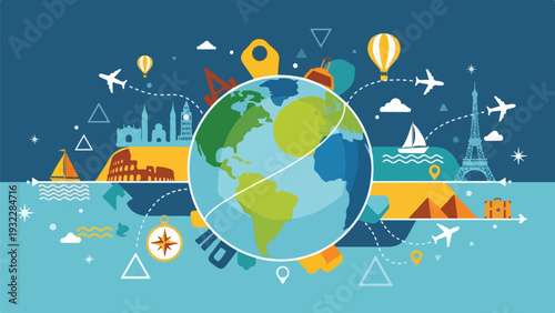 Colorful travel illustration features globe, landmarks, and transportation