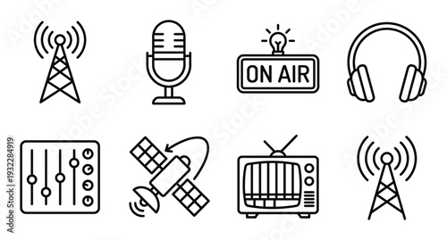 Radio station broadcasting and tv streaming communication set flat line art icons isolated