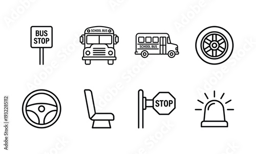 School bus icons presenting transportation symbols for students and educational establishment