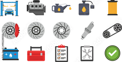 Vector Set of Car Parts and Automotive Service Icons Including Engine, Brake Disc, Spark Plug, Battery, and