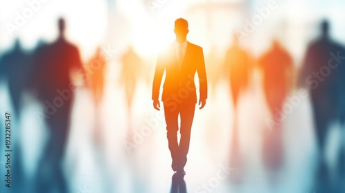 Silhouette of a determined businessman walking confidently forward through a crowd with bright light symbolizing ambition and leadership success