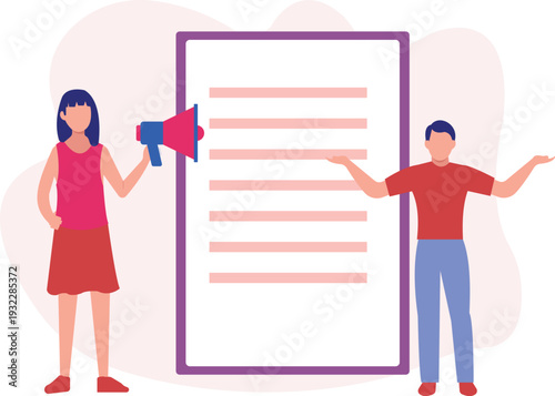 A boy and girl standing next to document.