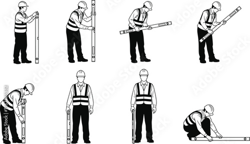 Vector Set of Construction Worker Silhouettes Wearing Safety Vests and Helmets Using Spirit Level Tools for Engineering, Architecture, Building Site, and Professional Manual Labor.
