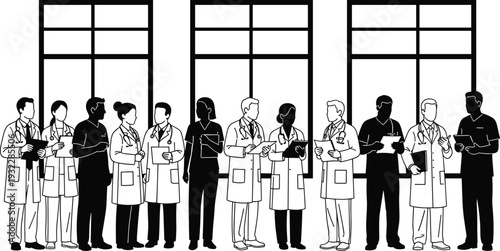 Medical professionals teamwork silhouette, doctors and nurses illustration, hospital staff collaboration concept, healthcare communication group, clinical team vector artwork, flavector