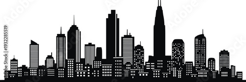 City skyline silhouette illustration, skyscrapers, office towers, urban buildings, architectural structures vector art, black and white design, metropolitan landscape