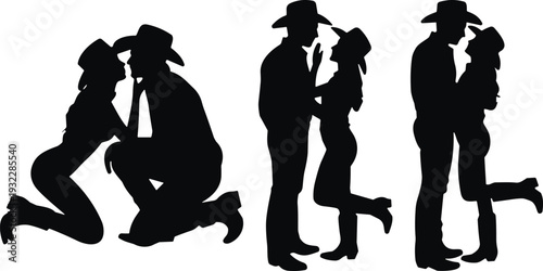 Cowboy couple silhouettes collection, romantic poses, western love illustration, cowboy hats embrace vector art, affectionate design, black and white style