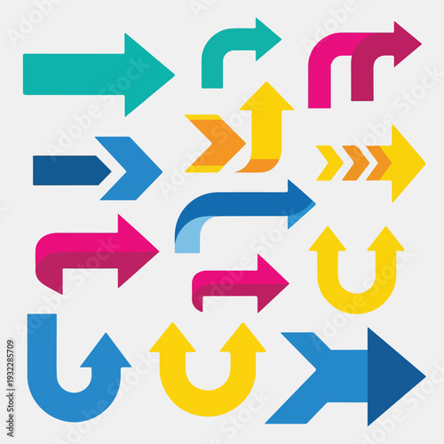 Colorful vector arrows of different shapes and sizes on a white background