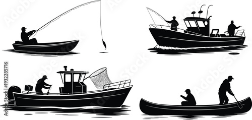 Fishing boats silhouettes with people, rod fishing, canoe paddling, net fishing, teamwork vessel, maritime lifestyle, outdoor adventure, nautical watercraft illustration
