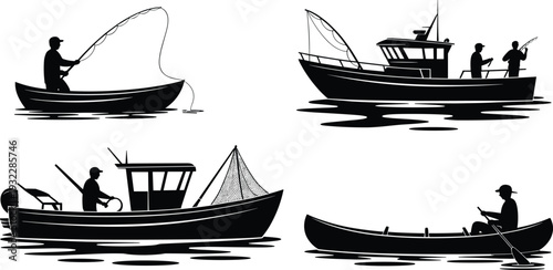 Fishing boats silhouettes with people, rod fishing, canoe paddling, net fishing, vessel teamwork, maritime lifestyle, outdoor adventure, nautical illustration