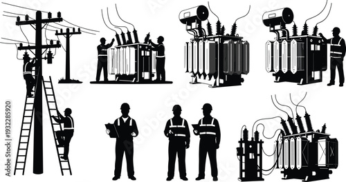 Vector silhouette illustration set of electrical engineers and linemen working on power lines, high voltage transformers, utility poles, and electricity maintenance isolated on white.